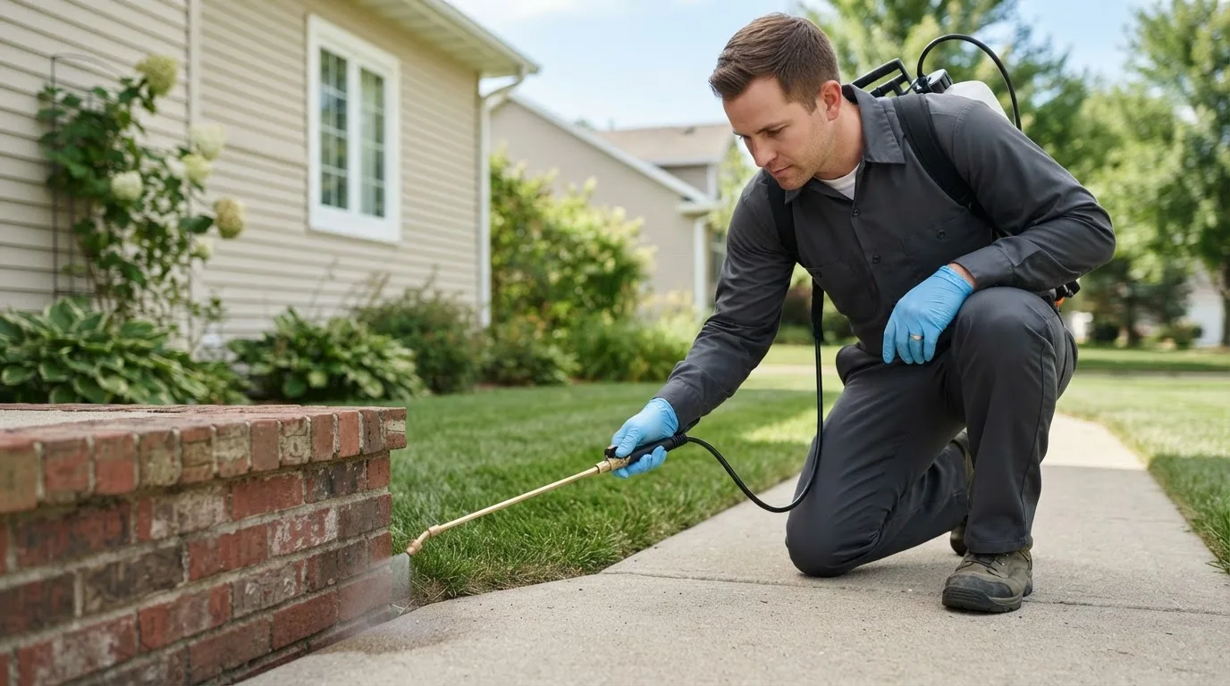 Pest control technician treating a home near Modoc, IN